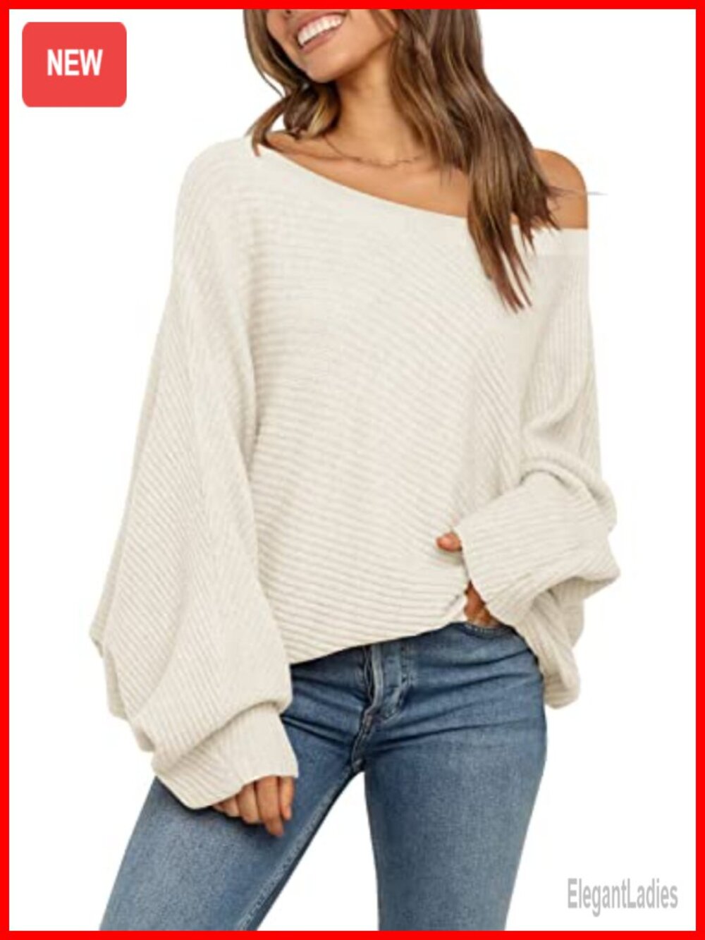 Oversized Off Shoulder Slouchy Knit Sweater Pullover Lantern Sleeve Fall Winter